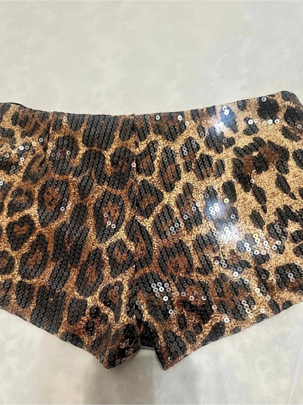 edikted Sequin Leopard Printed Micro Shorts Brown & Black Medium - Picture 3 of 5